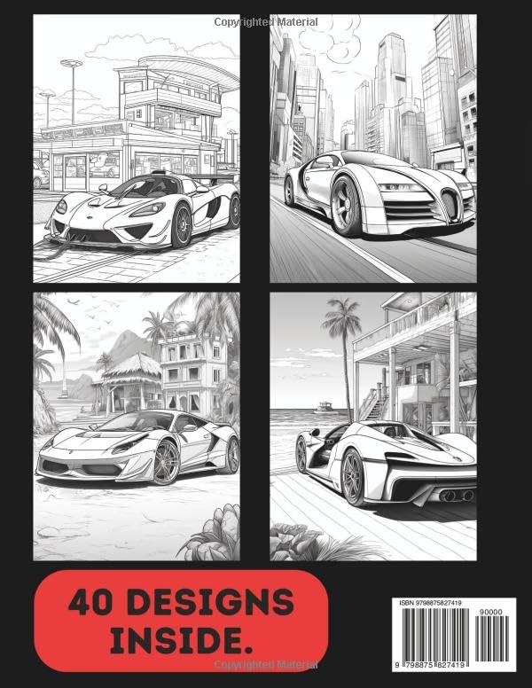 Supercar Colouring Book for Adults & Teens. Black and White. 40 Unique Designs. 8.5x11"