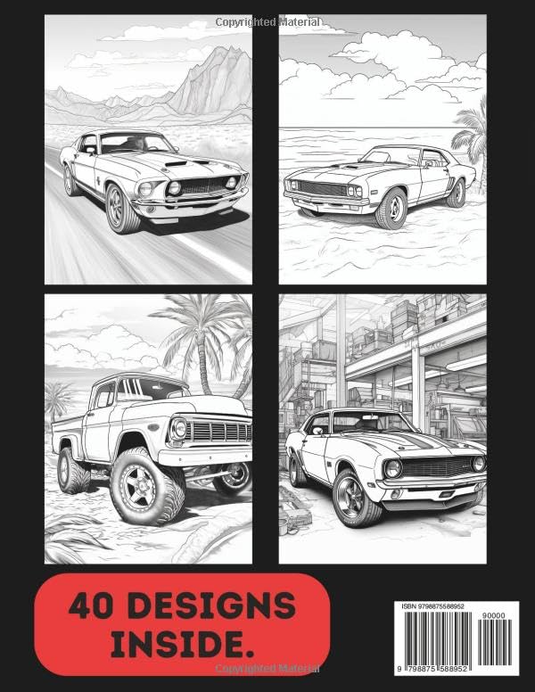 Muscle Car Colouring Book for Adults & Teens. Black and White. 40 Unique Designs. 8.5x11"