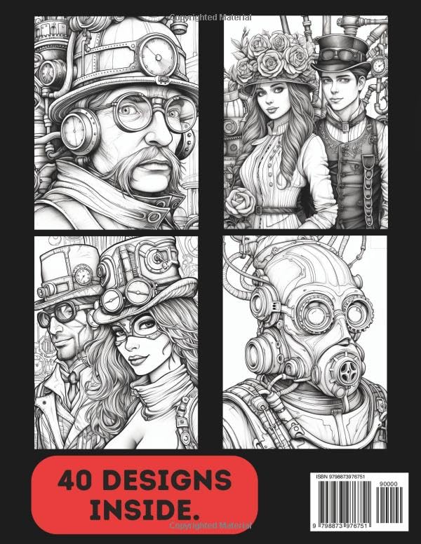 Steampunk Colouring Book for Adults & Teens. Black and White. 40 Unique Designs. 8.5x11"