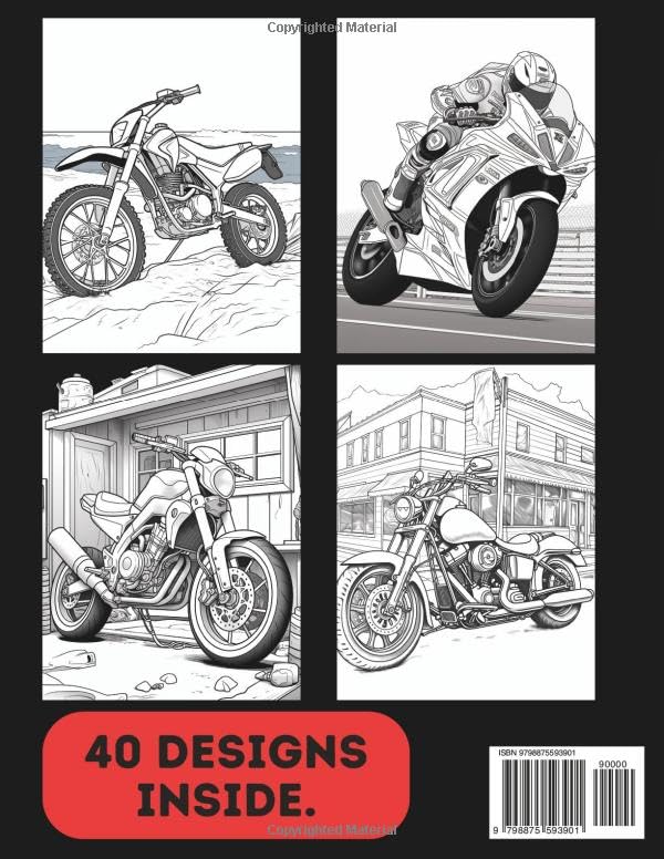 Motorbike Colouring Book for Adults & Teens. Black and White. 40 Unique Designs. 8.5x11"