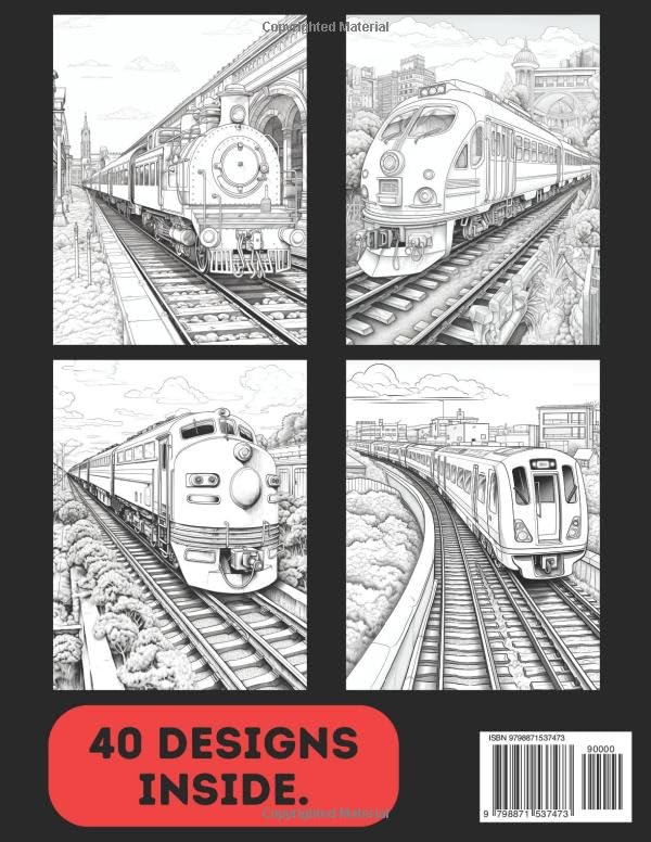 Train Colouring Book for Adults & Teens. Black and White. 40 Unique Designs. 8.5x11"