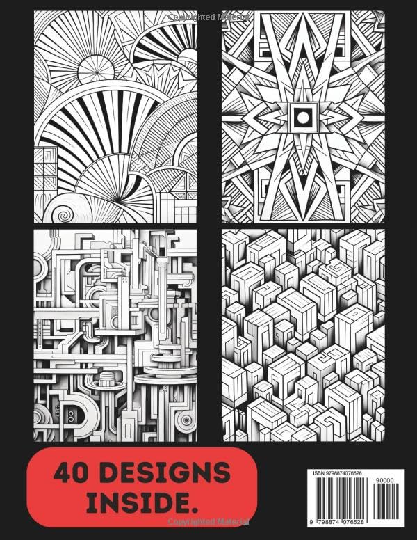 Random Geometric Shapes Colouring Book for Adults & Teens. Black and White. 40 Unique Designs. 8.5x11"